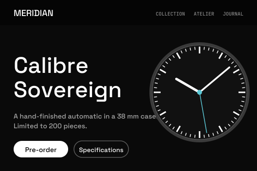 A dark storefront landing page for a watchmaker called Meridian, with a large watch dial and a Pre-order button