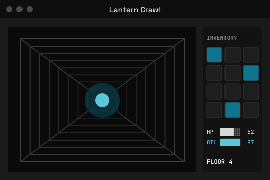 A macOS game window titled Lantern Crawl showing a stone corridor lit by a teal lantern and an inventory grid