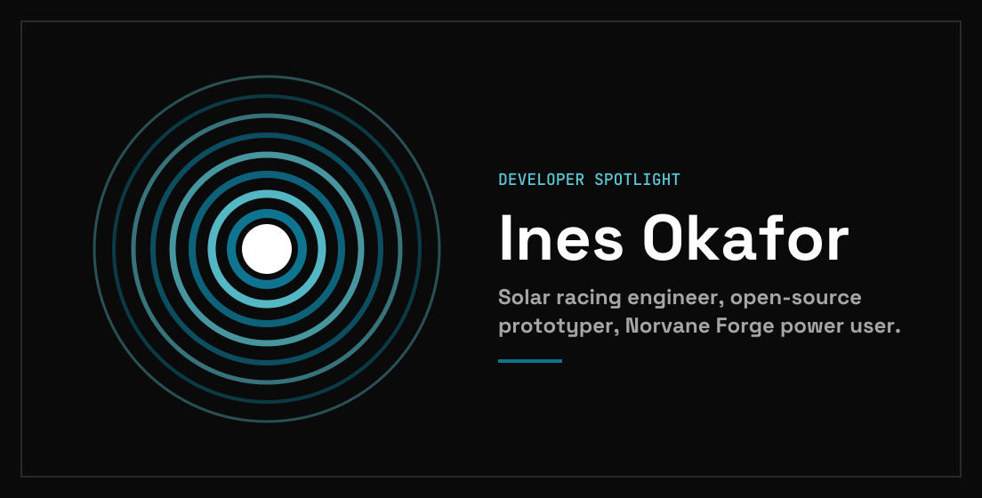 A dark spotlight card with concentric teal rings, the label Developer spotlight, and the name Ines Okafor